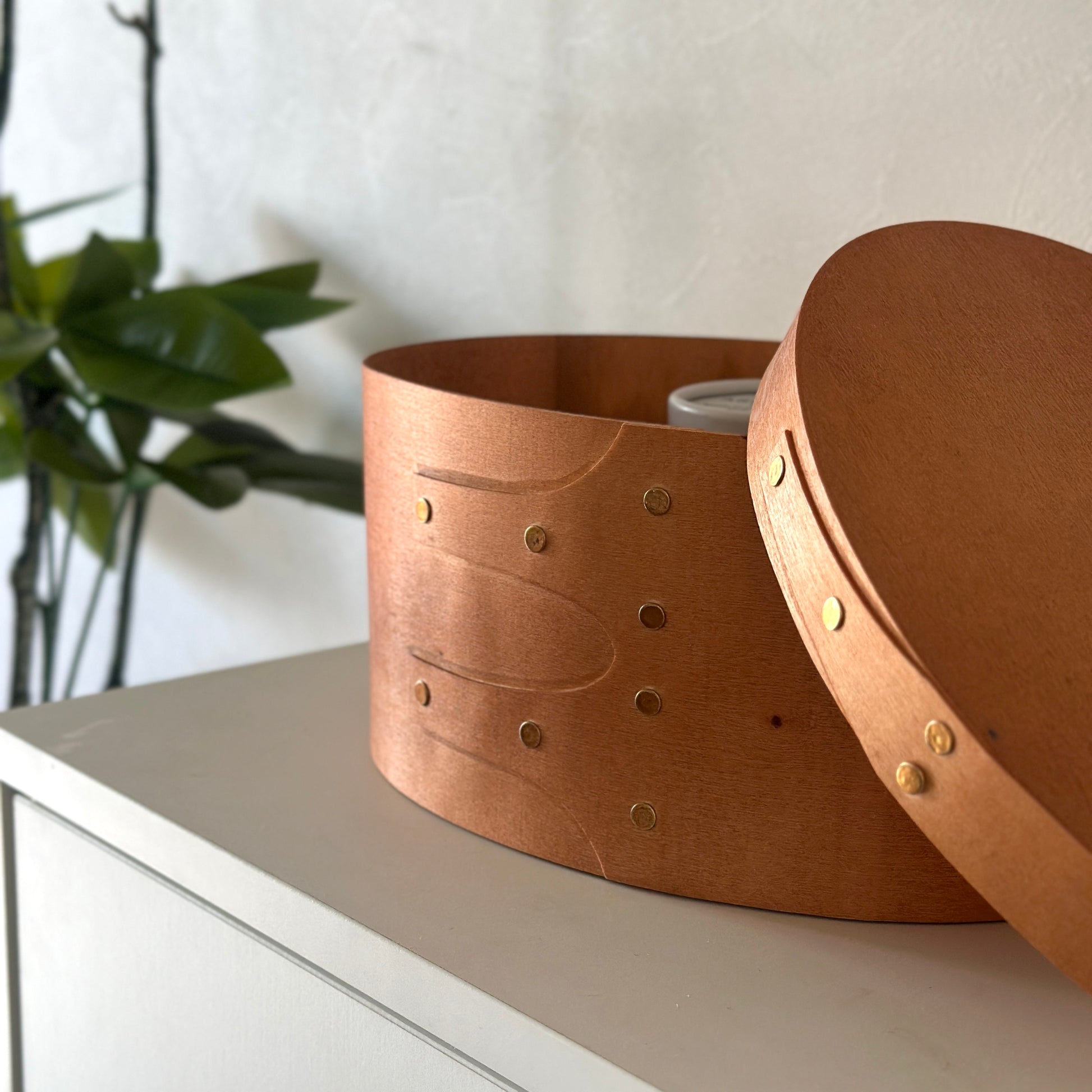 蓋付きのシェーカーボックスが棚の上に置かれている様子