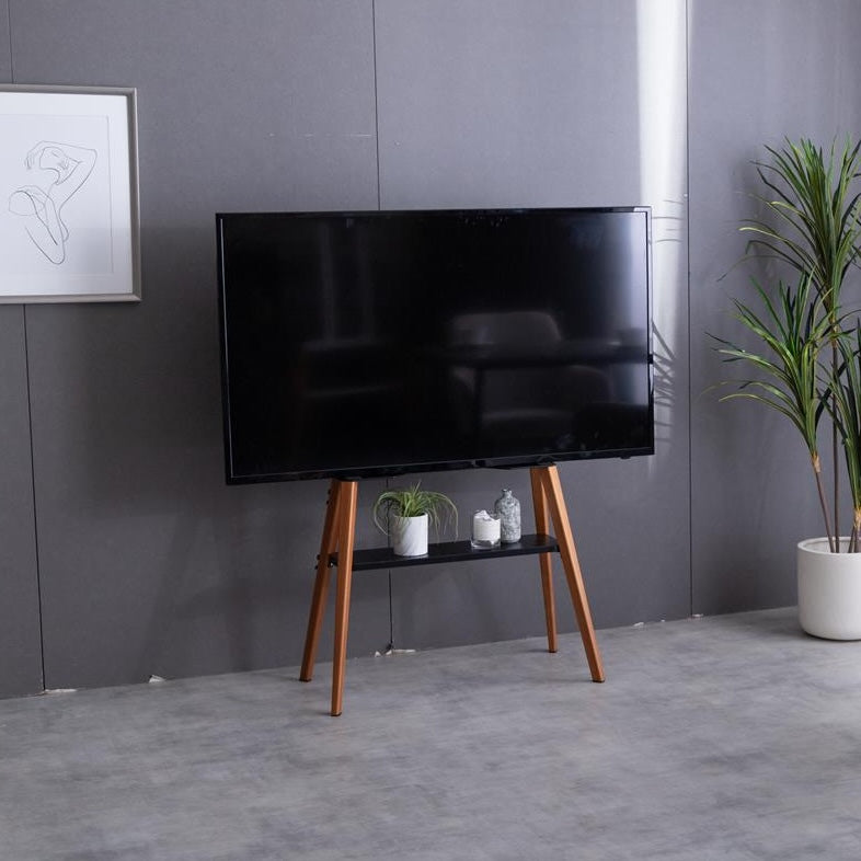 ブラックのラックが付いたウッド脚のテレビスタンド