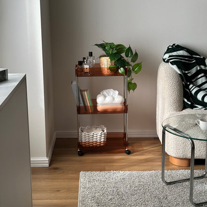 クリアなブラウンの3段シェルフに香水や植物、ティッシュケース、本などが置かれてある様子