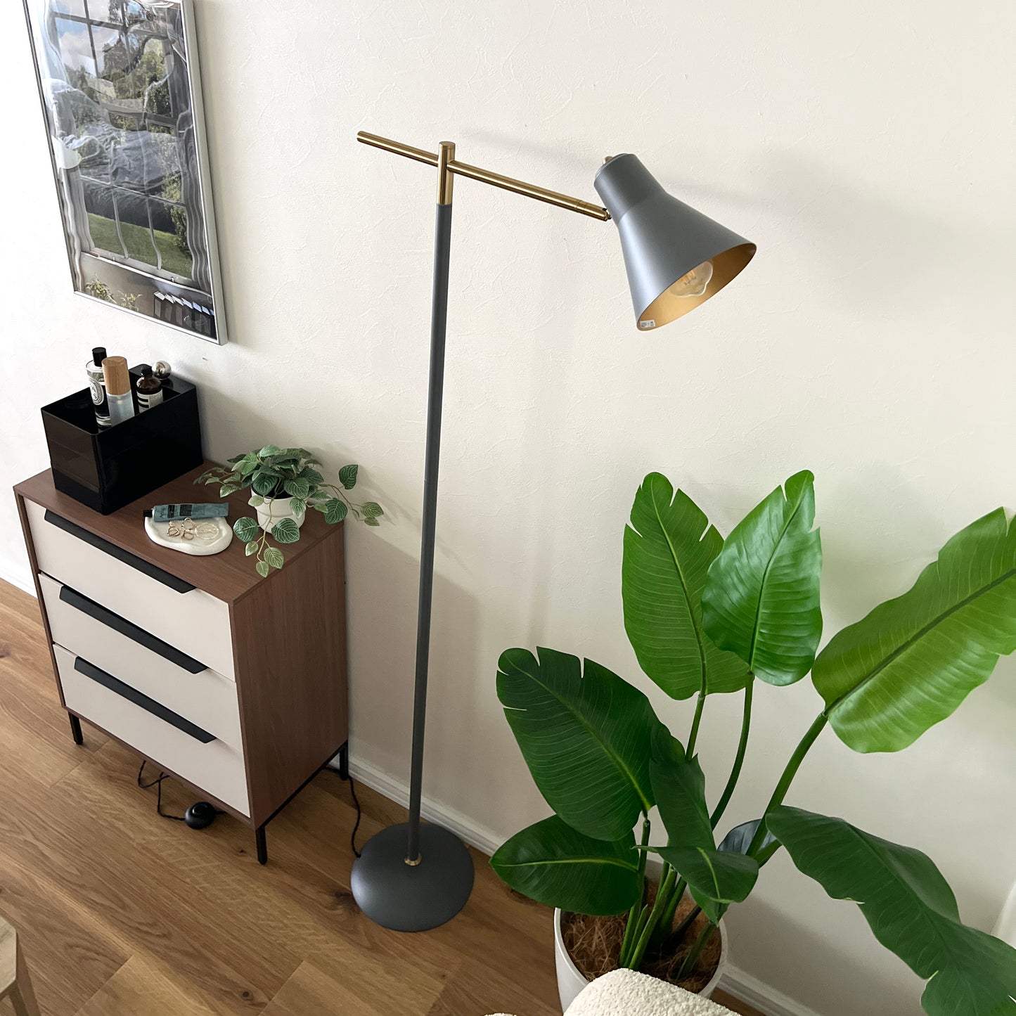 グレーのスチール製のフロアライトを植物の横に置いている様子