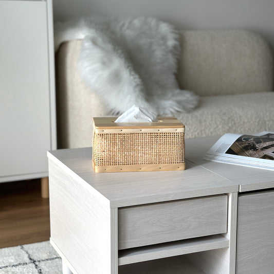 白いローテーブルの上にラタン素材の側面がメッシュになっているティッシュケースが置かれてある。