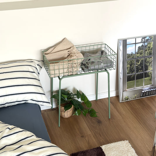 エメラルドのアイアン素材とワイヤーメッシュデザインの収納ワゴン