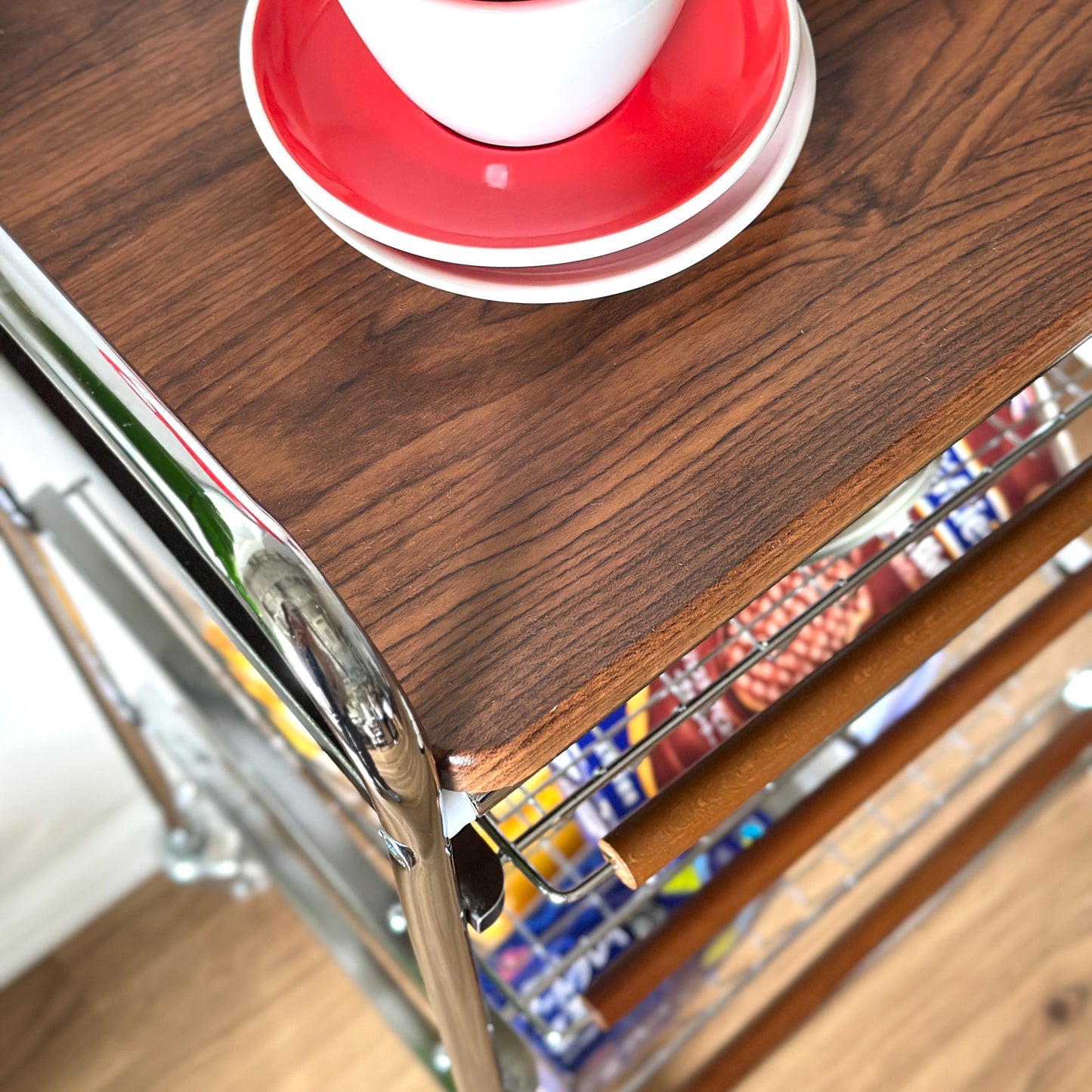 ステンレスとウッド天板の収納ワゴン