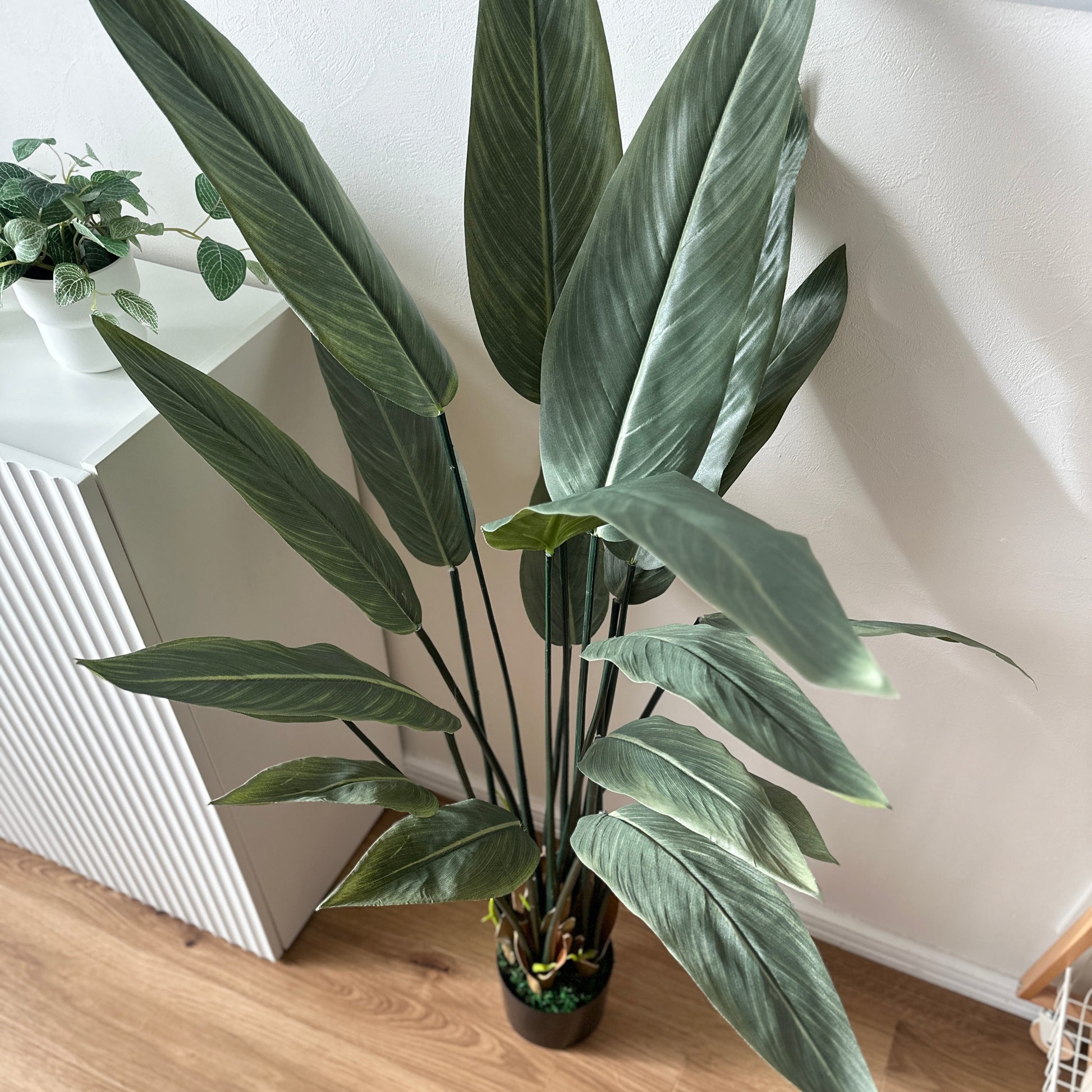フェイクグリーンのストレリチアで、広い光沢のある緑の葉と細い茎を持つ背の高い人工植物です