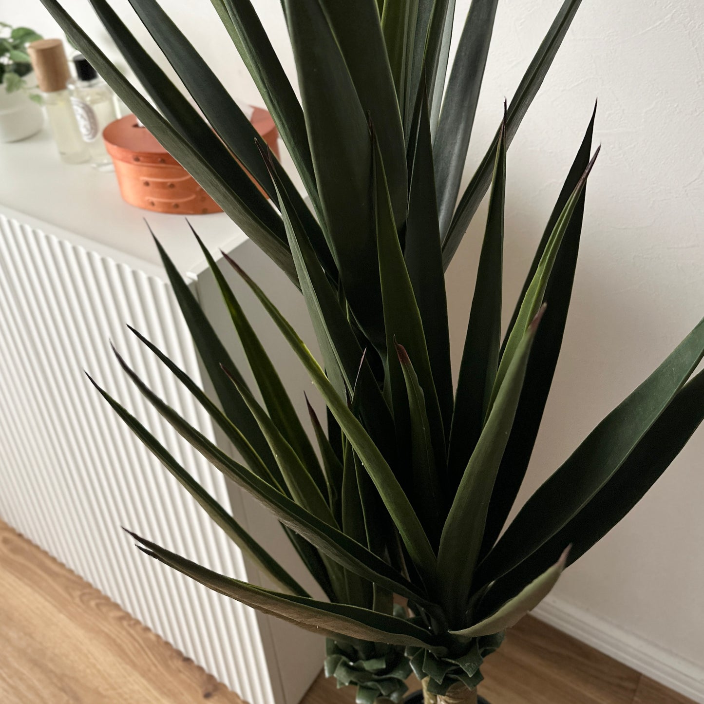 フェイクグリーンのユッカで濃い緑色の長く尖った葉が中央から放射状に広がる植物です。