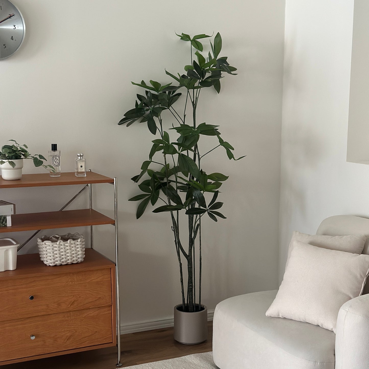 パキラのフェイクグリーンをキャメルのシェルフ横に置いている様子