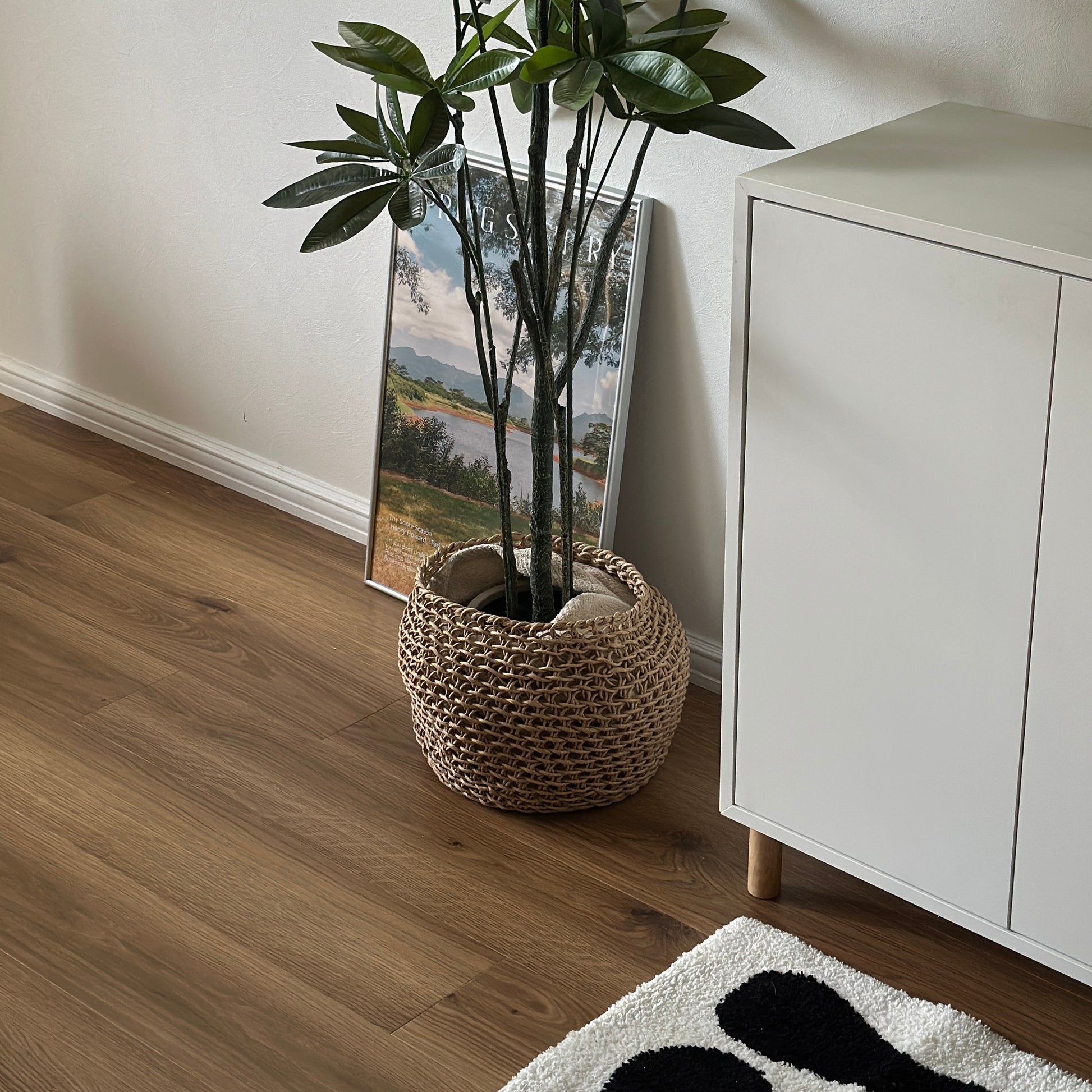 ラウンドのペーパーコードバスケットに観葉植物の植木鉢部分を入れている様子