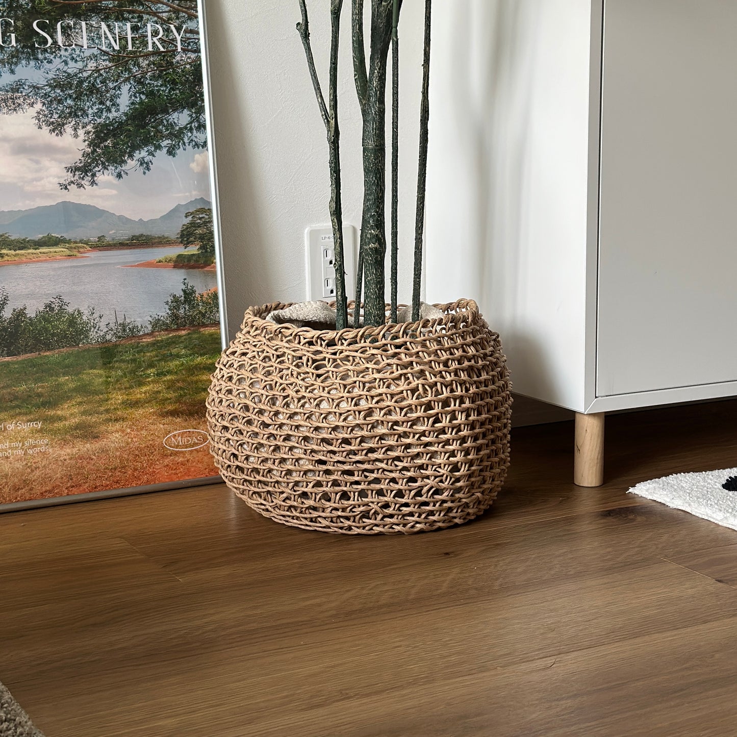 ラウンドのペーパーコードバスケットに観葉植物の植木鉢部分を入れている様子