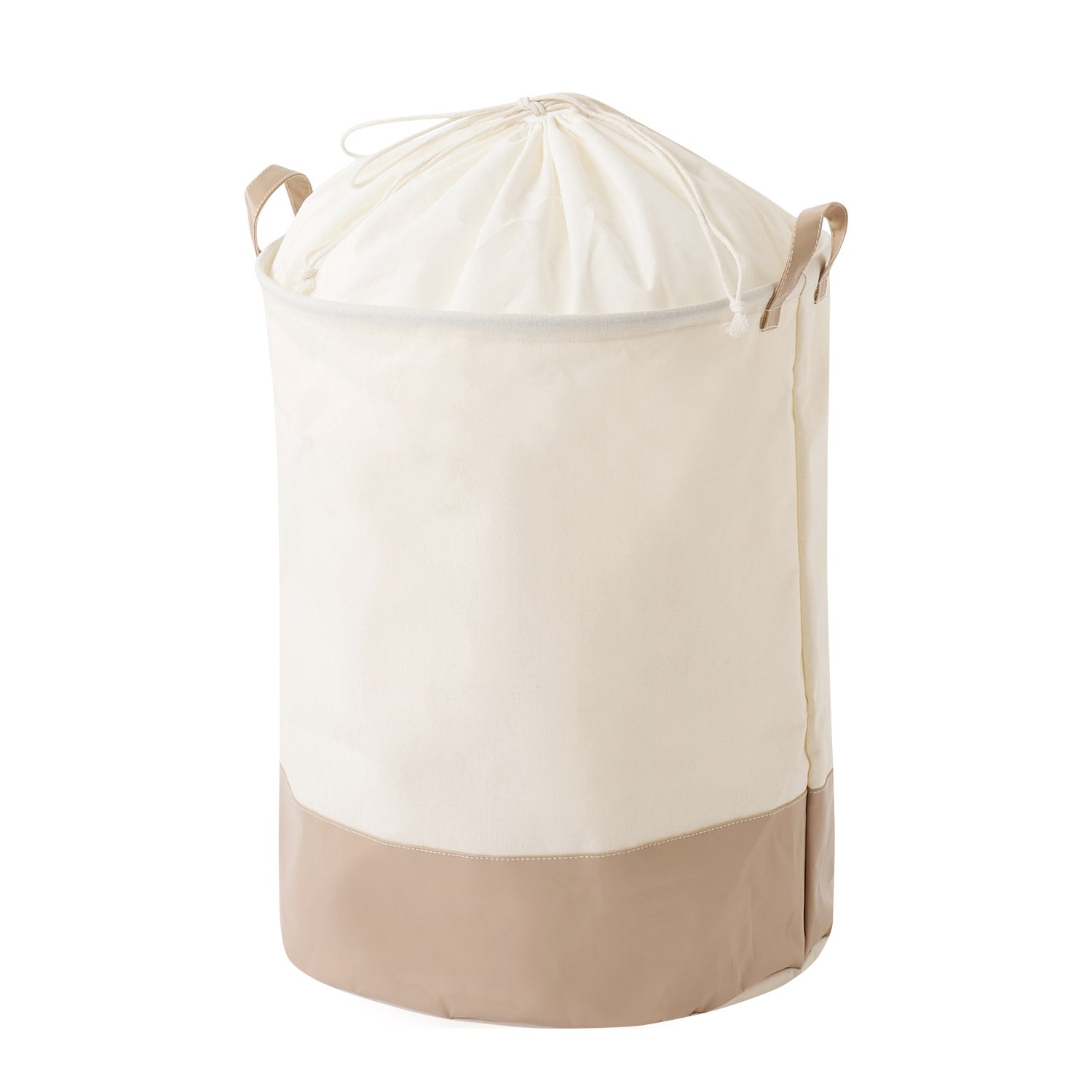 巾着ラウンドバスケットベージュLを単体白抜きで写した写真