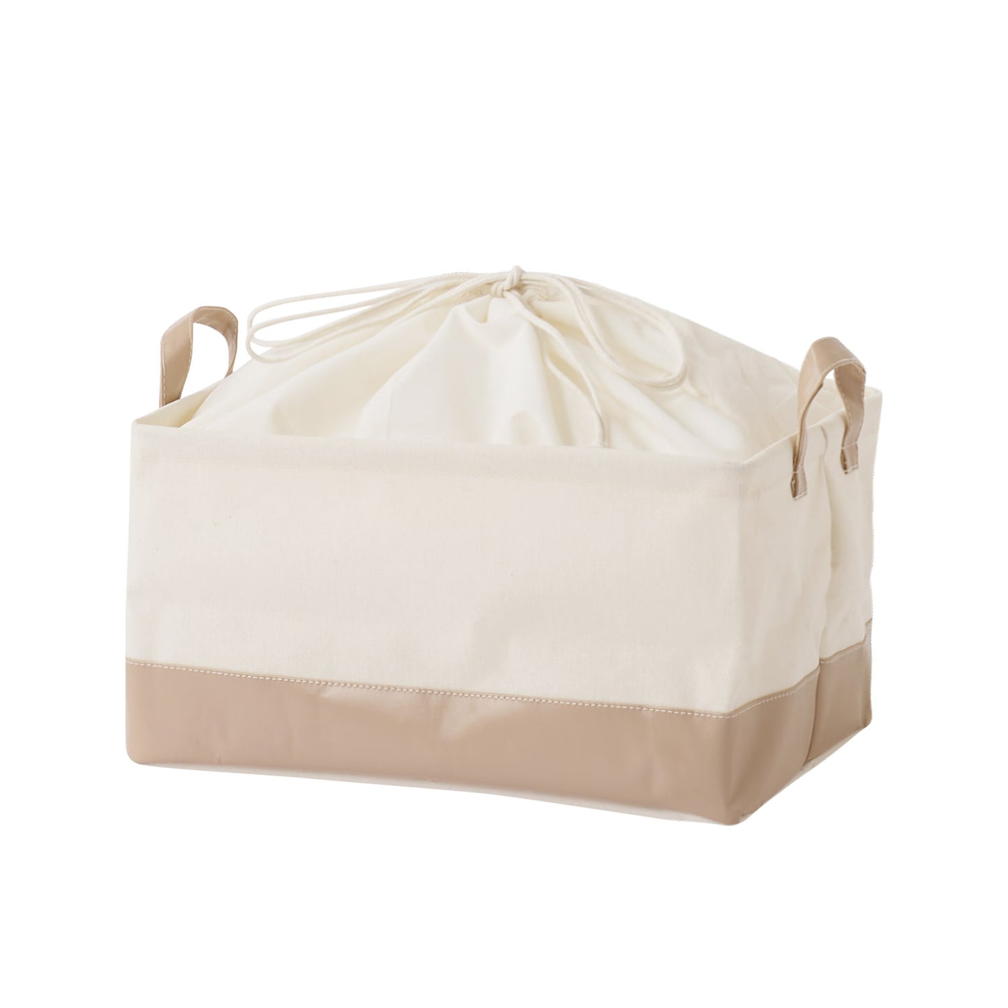 ベージュのレザーと白地の巾着バスケット