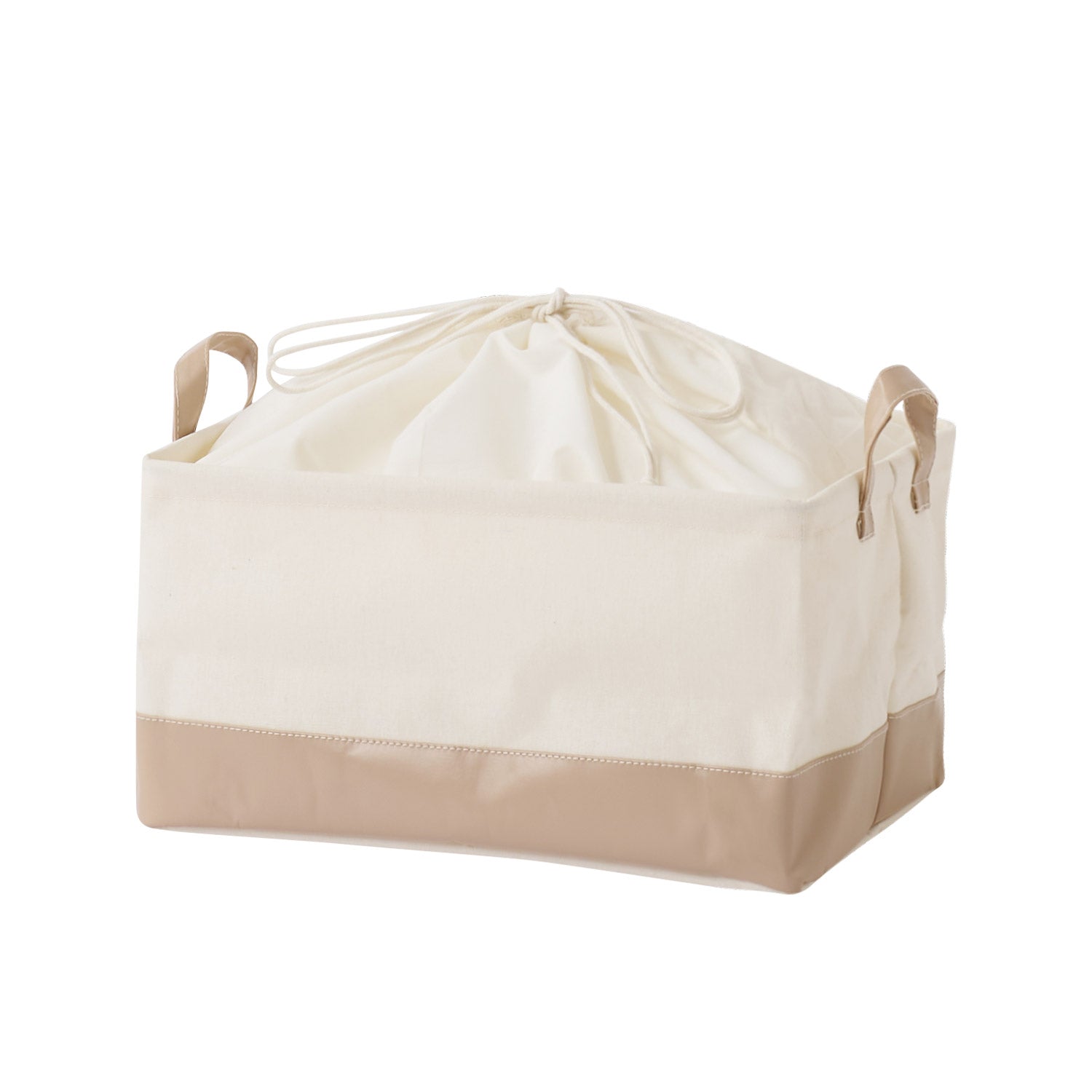 ベージュのレザーと白地の巾着バスケット