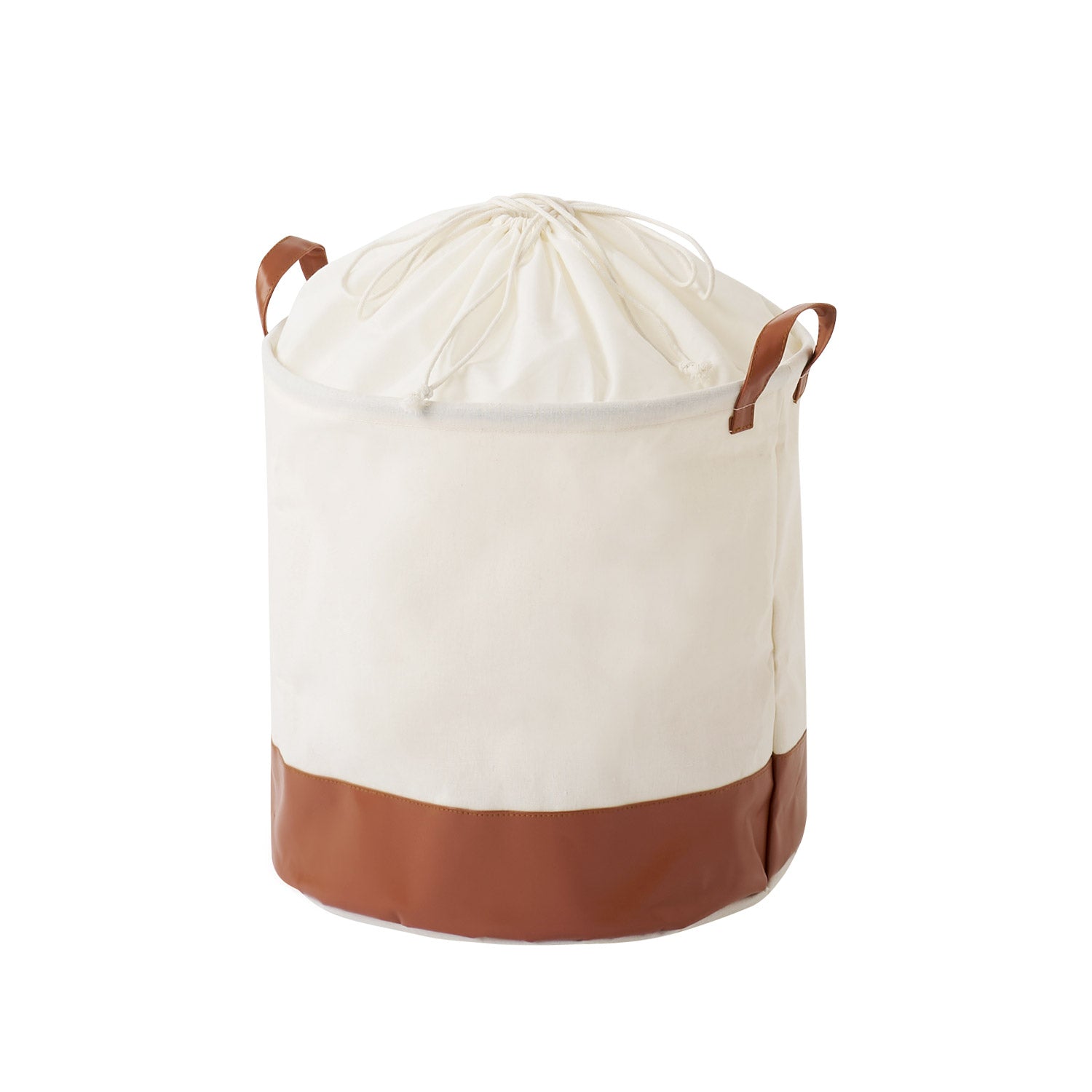 巾着ラウンドバスケットブラウンMを単体白抜きで写した写真