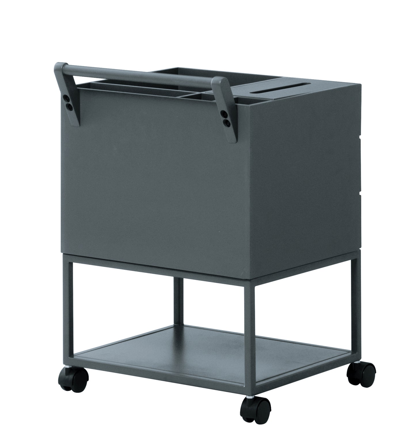 引き出しがたくさんついたネイビーのワゴンの背面