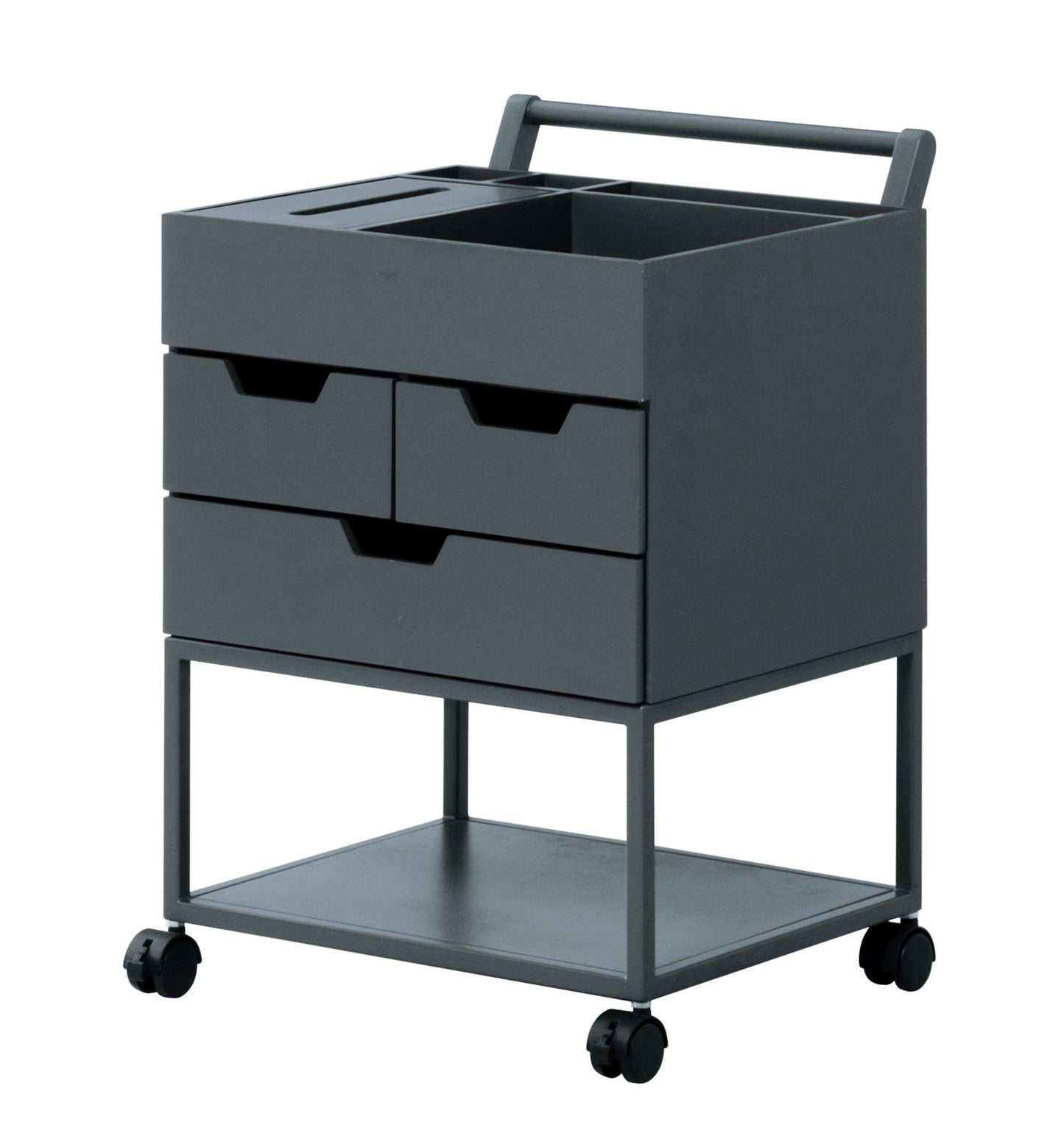 引き出しがたくさんついたネイビーのワゴン