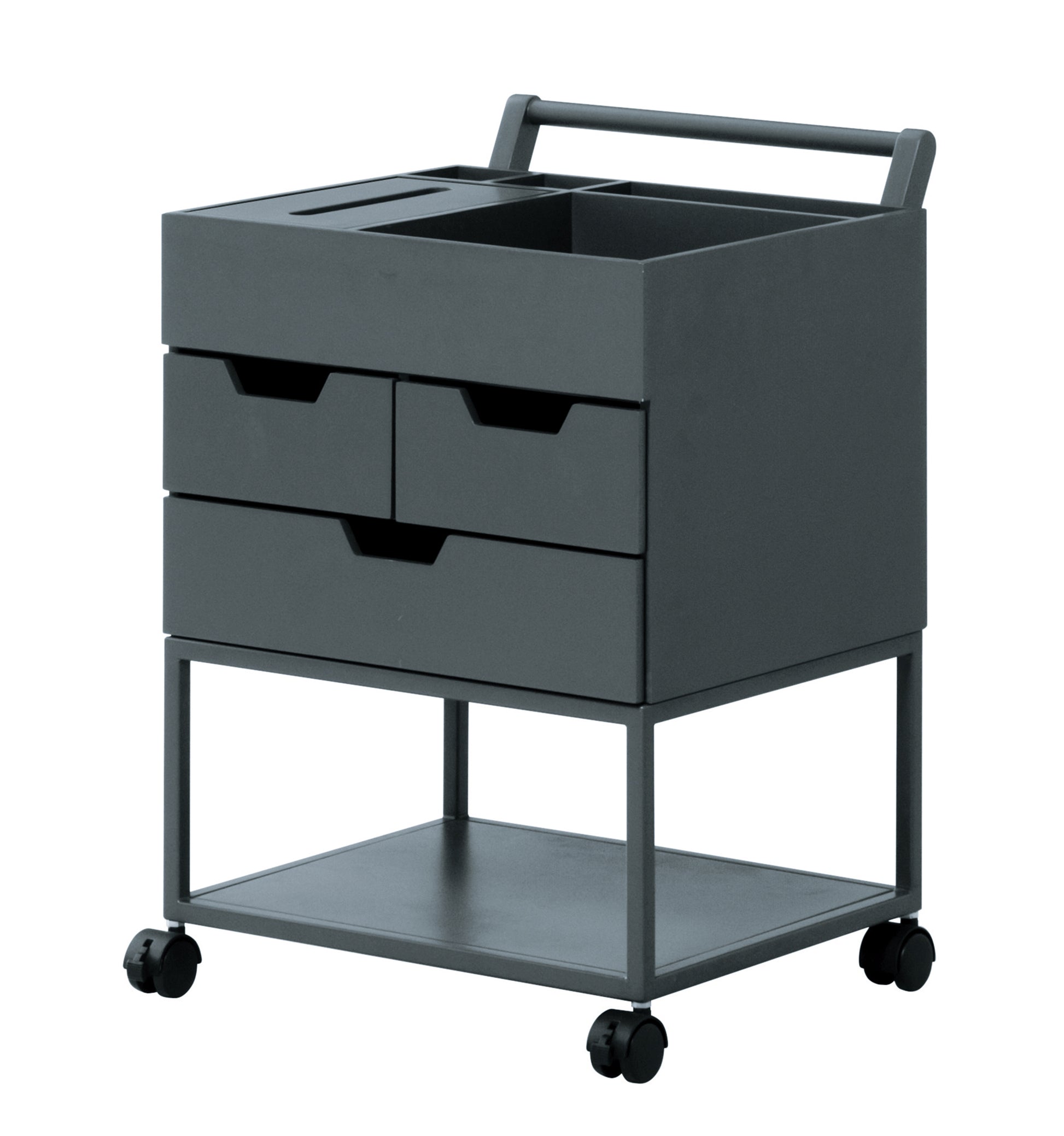 引き出しがたくさんついたネイビーのワゴン