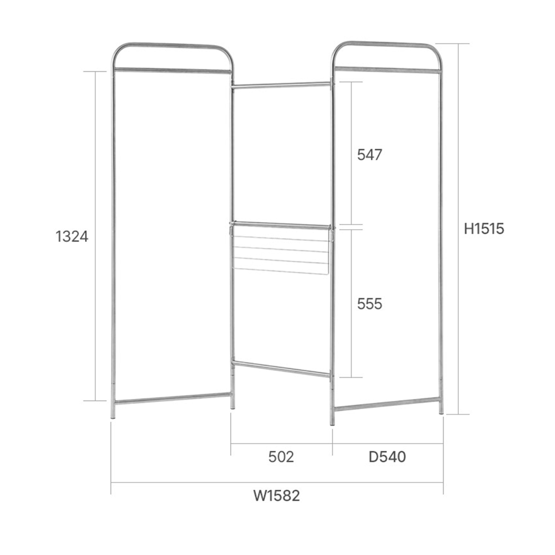 Roomnhome｜フォールディングパーテーションハンガーの銀色金属製三連折りたたみ洗濯物干しラック