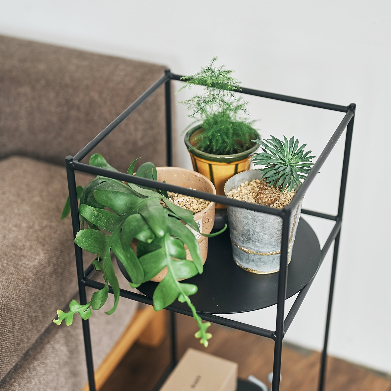 ブラックのスチール製キューブ型スクエアスチールラック二段で観葉植物を置くスタンドです。