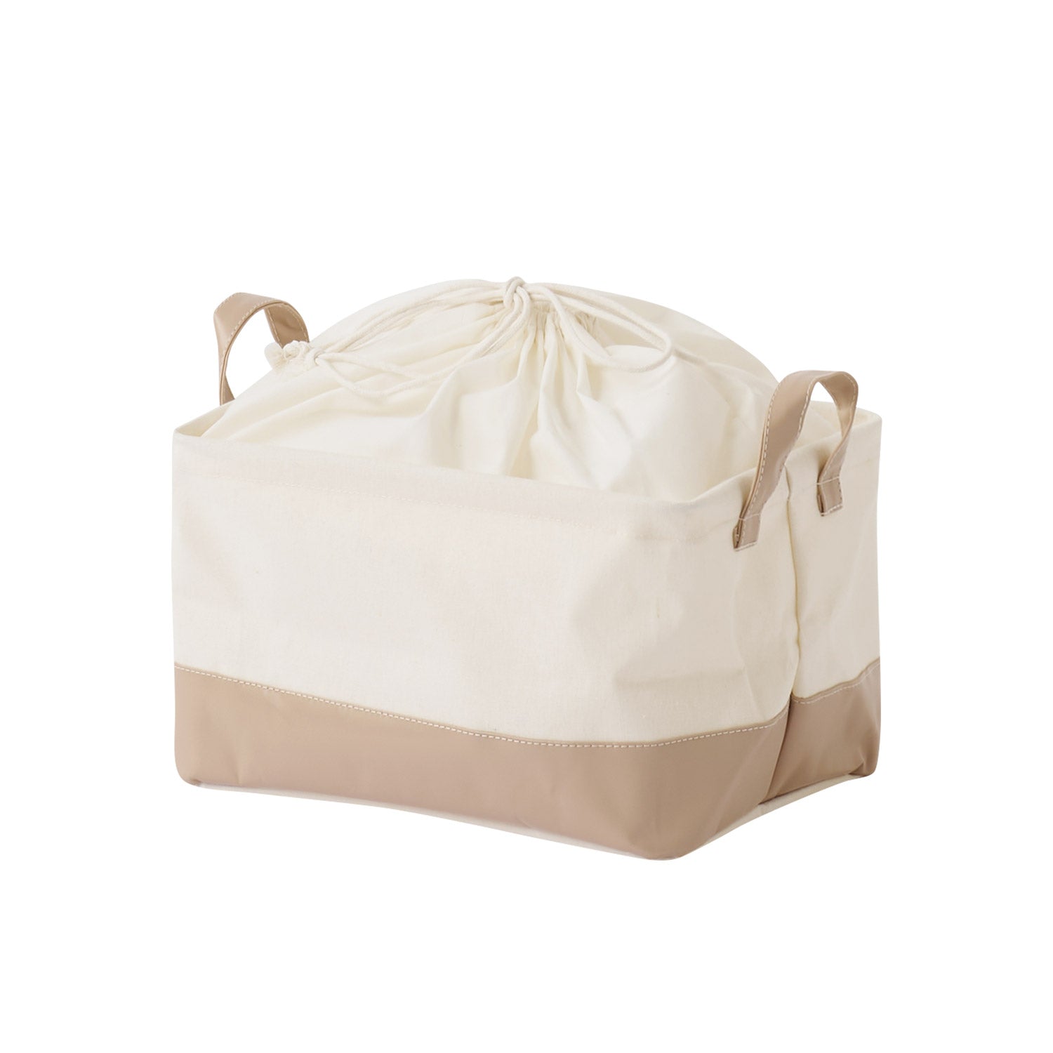 ベージュのレザーと白地の巾着バスケット