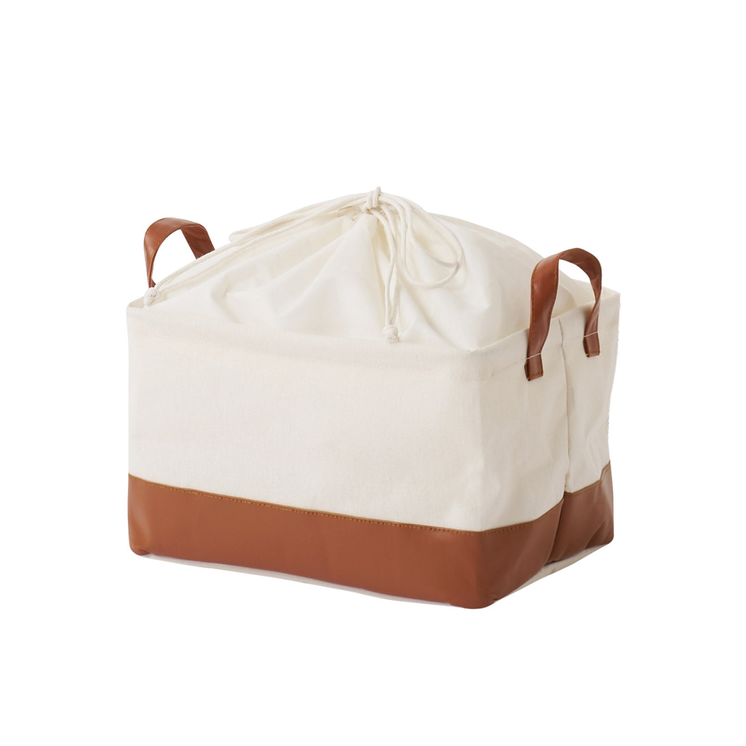 ブラウンのレザーと白地の巾着バスケット