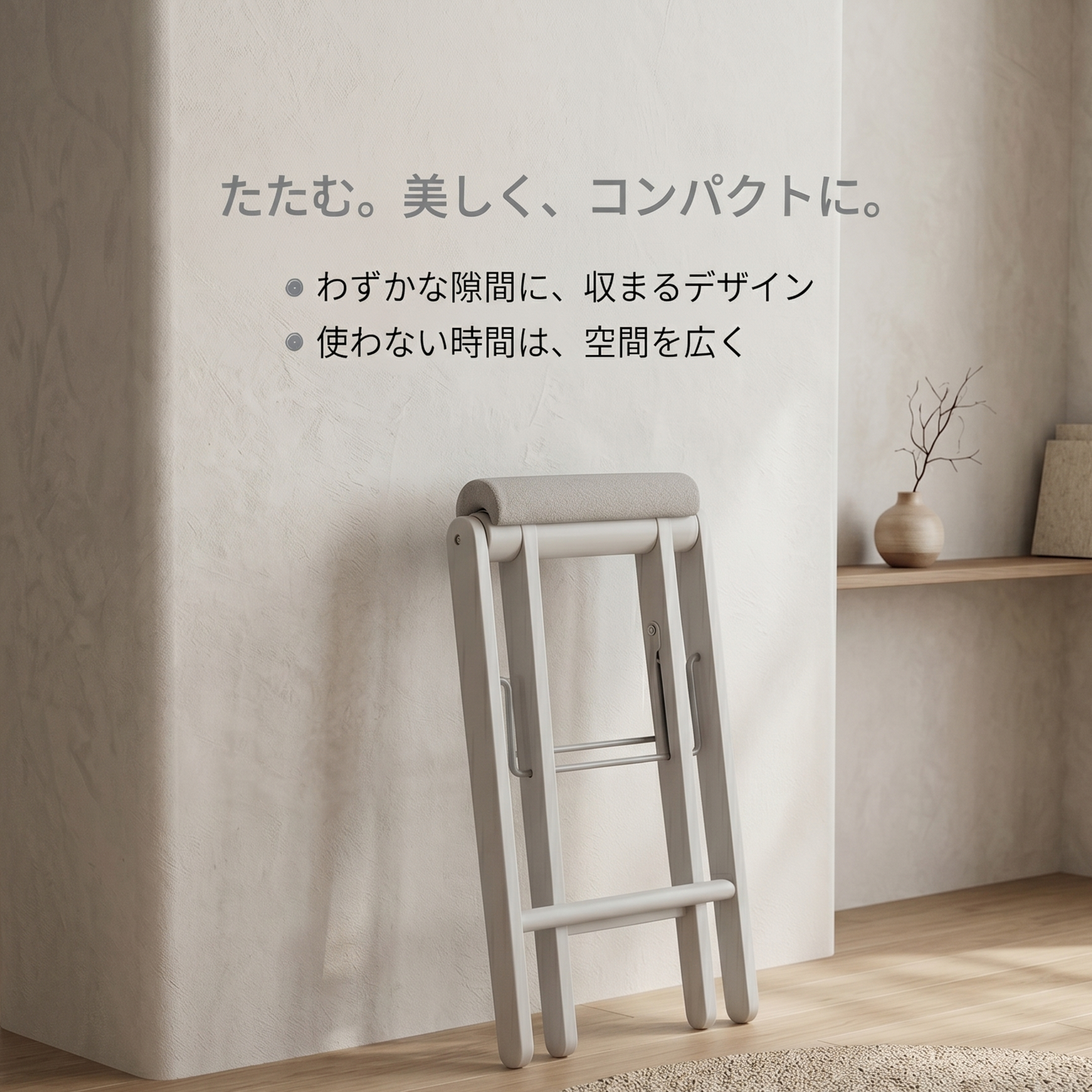 グレーのハイスツールを折りたたんで、壁に立てかけている様子