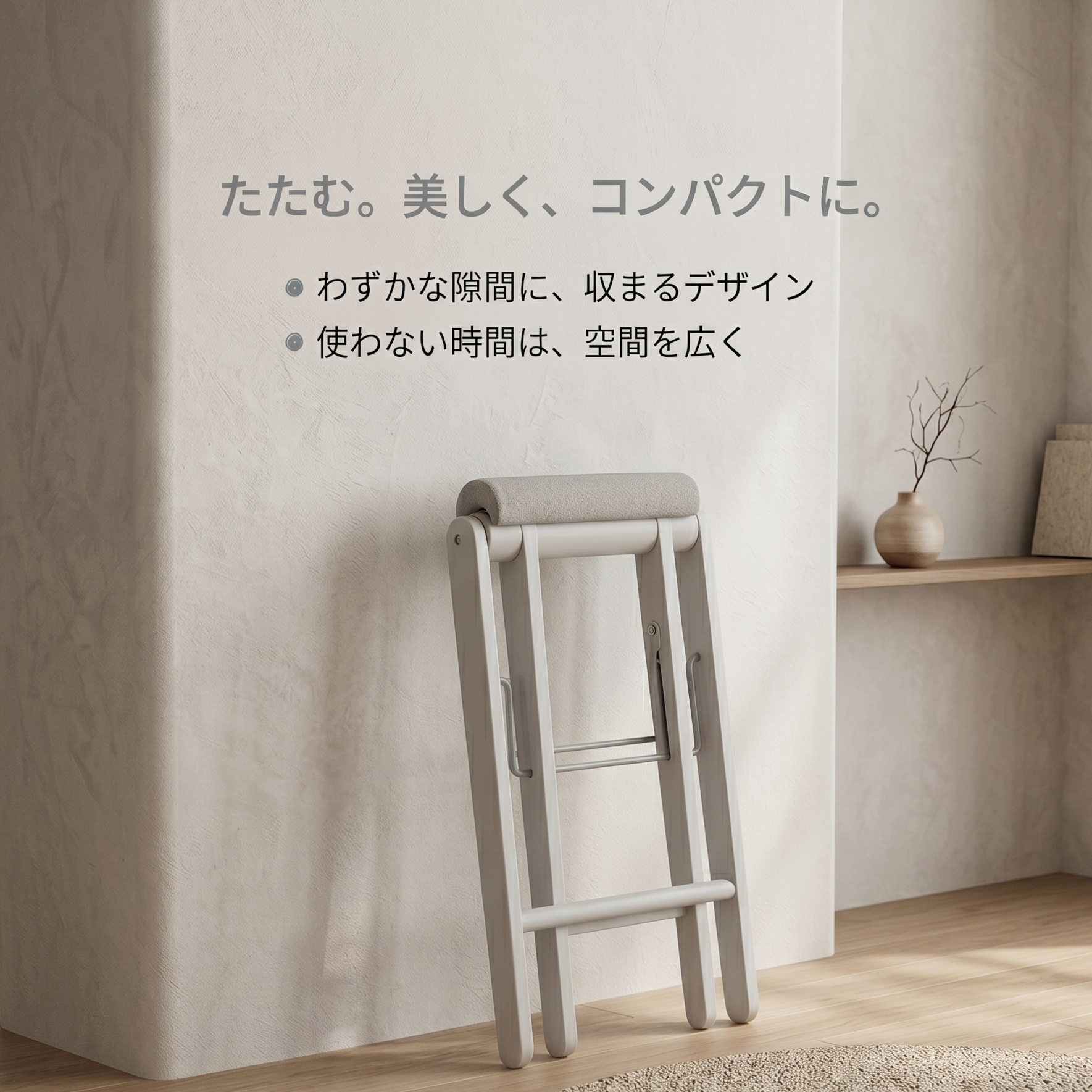 グレーのハイスツールを折りたたんで、壁に立てかけている様子
