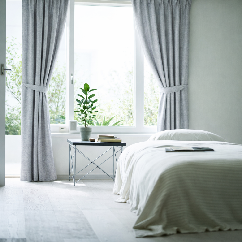 ナチュラルな生地感の遮光ドレープカーテンがかかった部屋