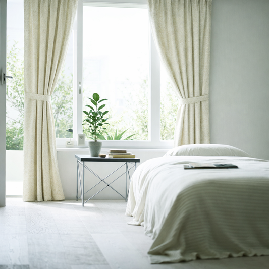 ナチュラルな生地感の遮光ドレープカーテンがかかった部屋