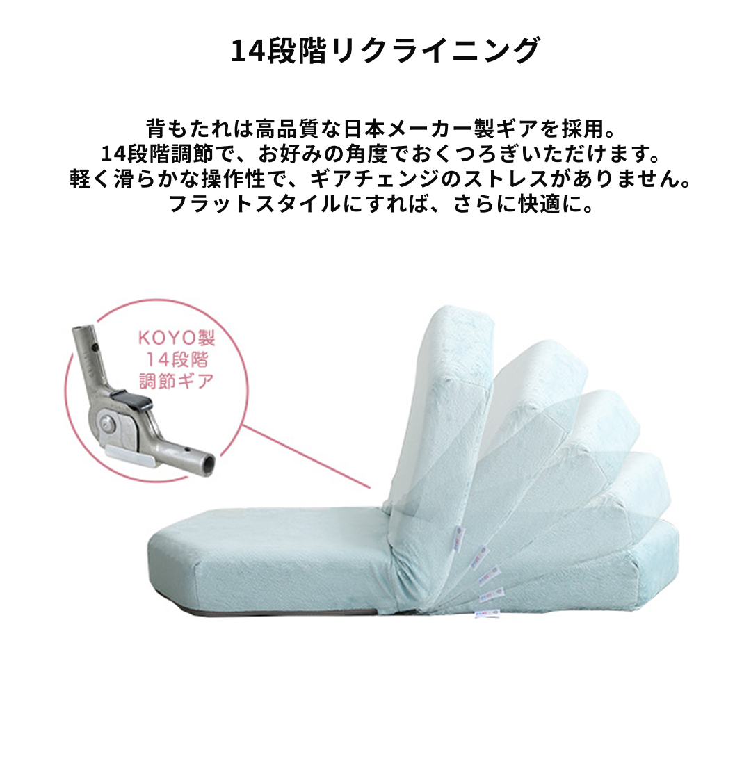 ライトブルーの起毛座椅子で14段階調整可能な背もたれとコヨ製金属ジョイントを使用しています