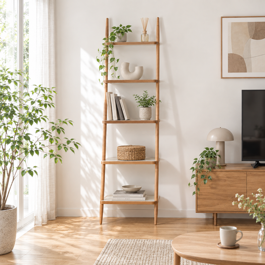 リトラはしごシェルフの自然な淡い木材仕上げと細くテーパードした脚の5段ミニマリスト木製棚です。