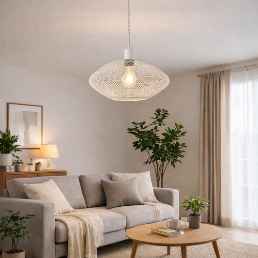 メッシュシェードのペンダントライトがリビングに設置されている様子