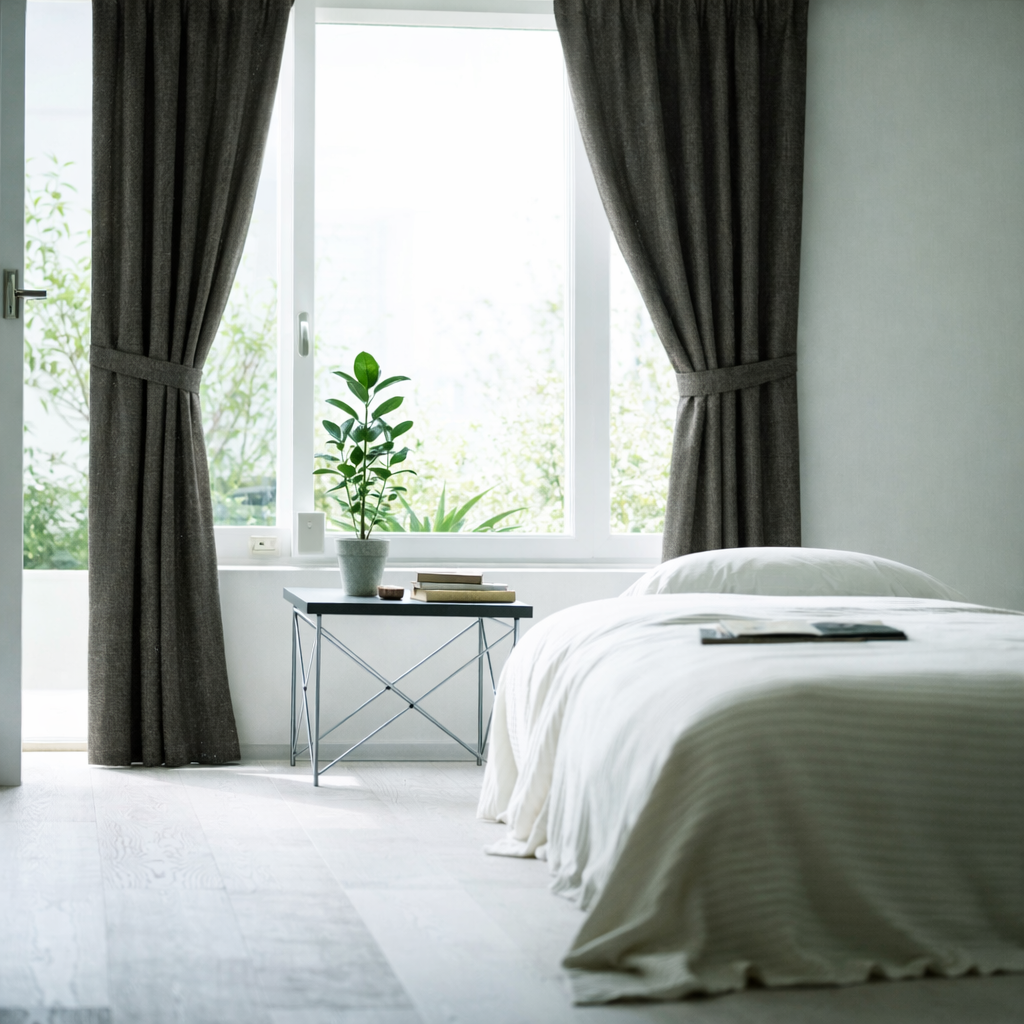 ブラウンのナチュラルな生地感の遮光ドレープカーテンがかかった部屋