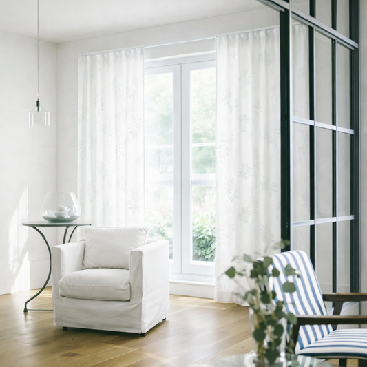 白の繊細なリーフ柄の刺繍が目を引くやさしい表情のレースカーテンが窓にかかったリビング