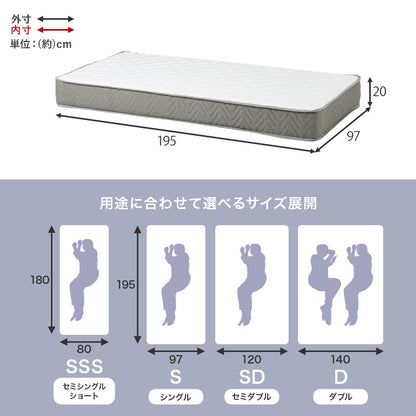 極厚20cmボンネルコイルマットレスのグレーと白の側面にキルティング模様がある195cm×97cmマットレス
