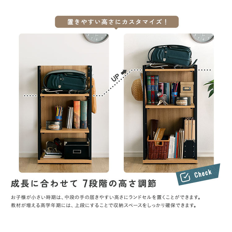 シャビーオークカラーのコンパクトな収納ラックの棚板の高さ調整ができることを伝える画像